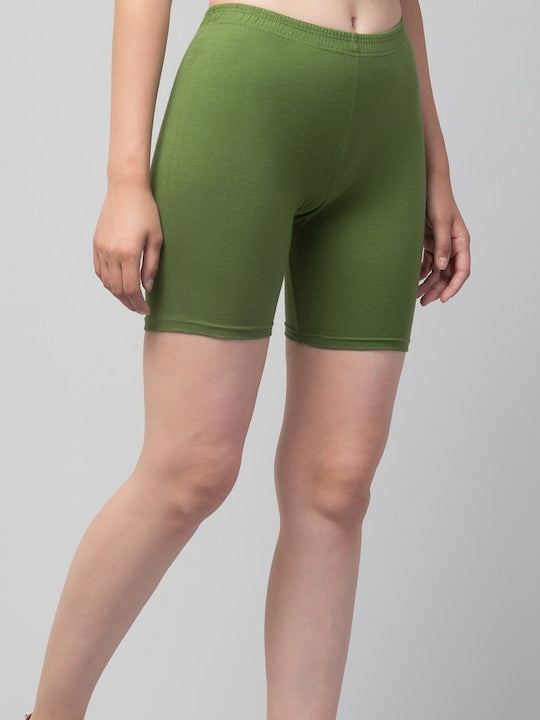 Women Solid Dark Green Mid-Rise Gym Short Brief
