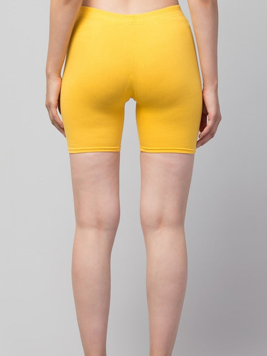 Women Solid Yellow Mid-Rise Gym Short Brief