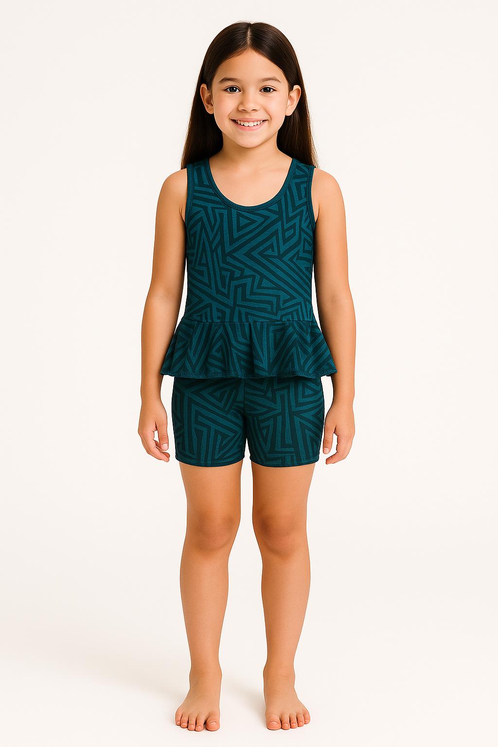 Printed Round Neck Girls Swimming Dress