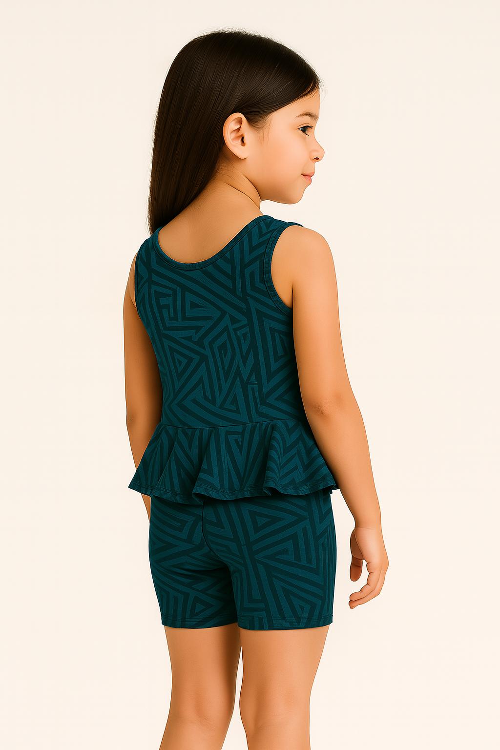 Printed Round Neck Girls Swimming Dress