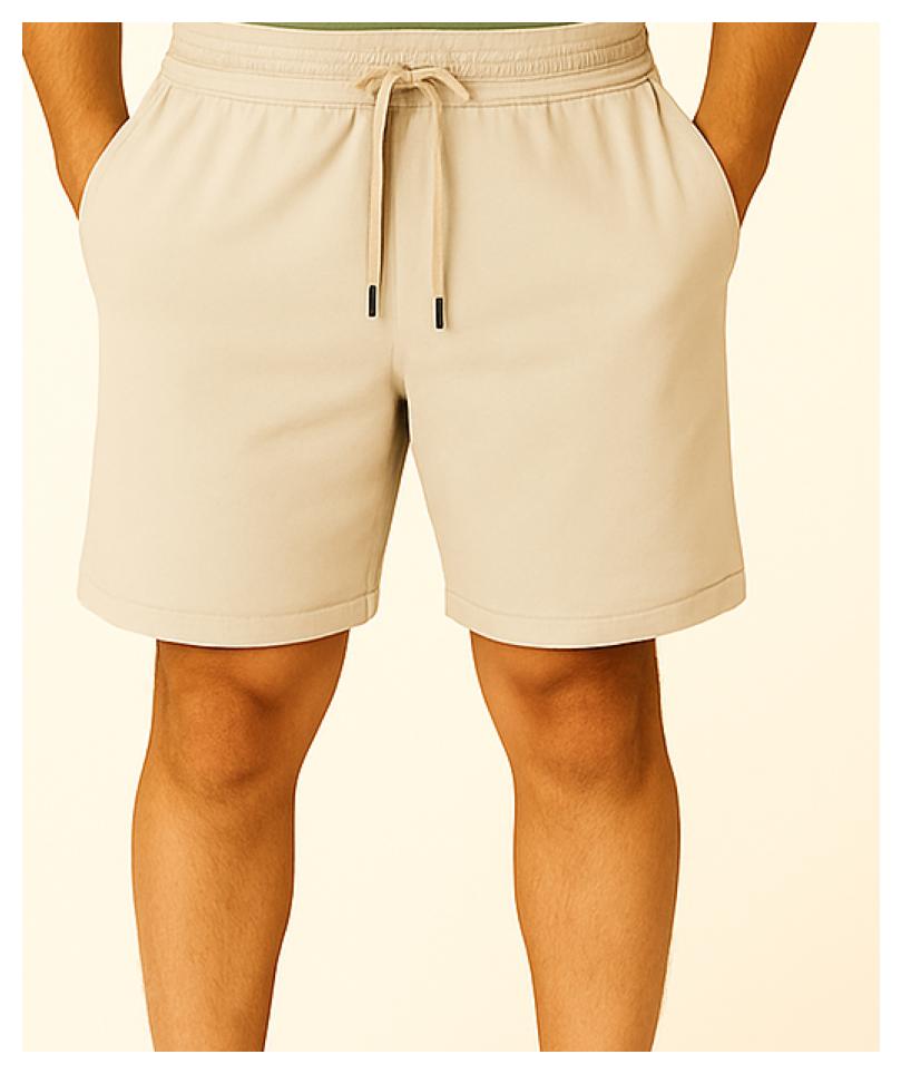 Men Beige Cotton Terry Knit Shorts with Drawcord & Pockets