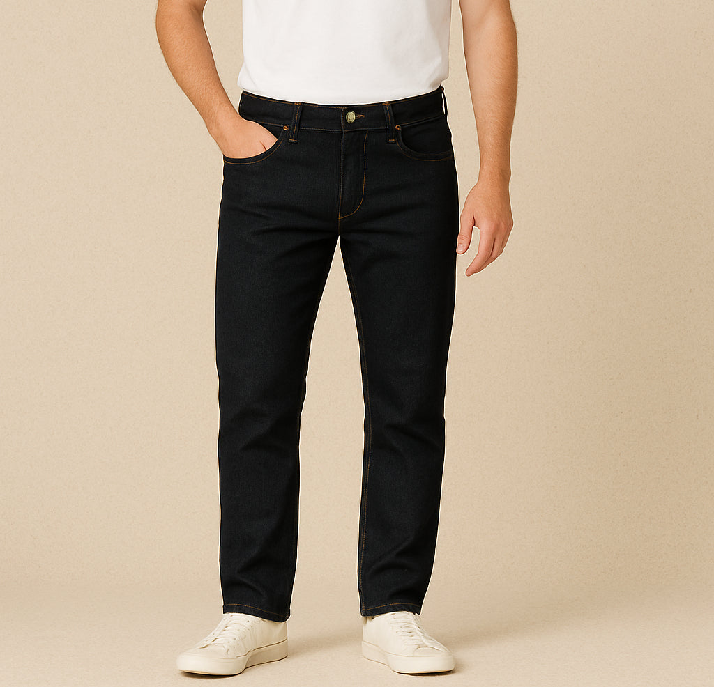 Men’s Straight-Leg Denim – Mid-Rise Stretch, Solid Dark Indigo