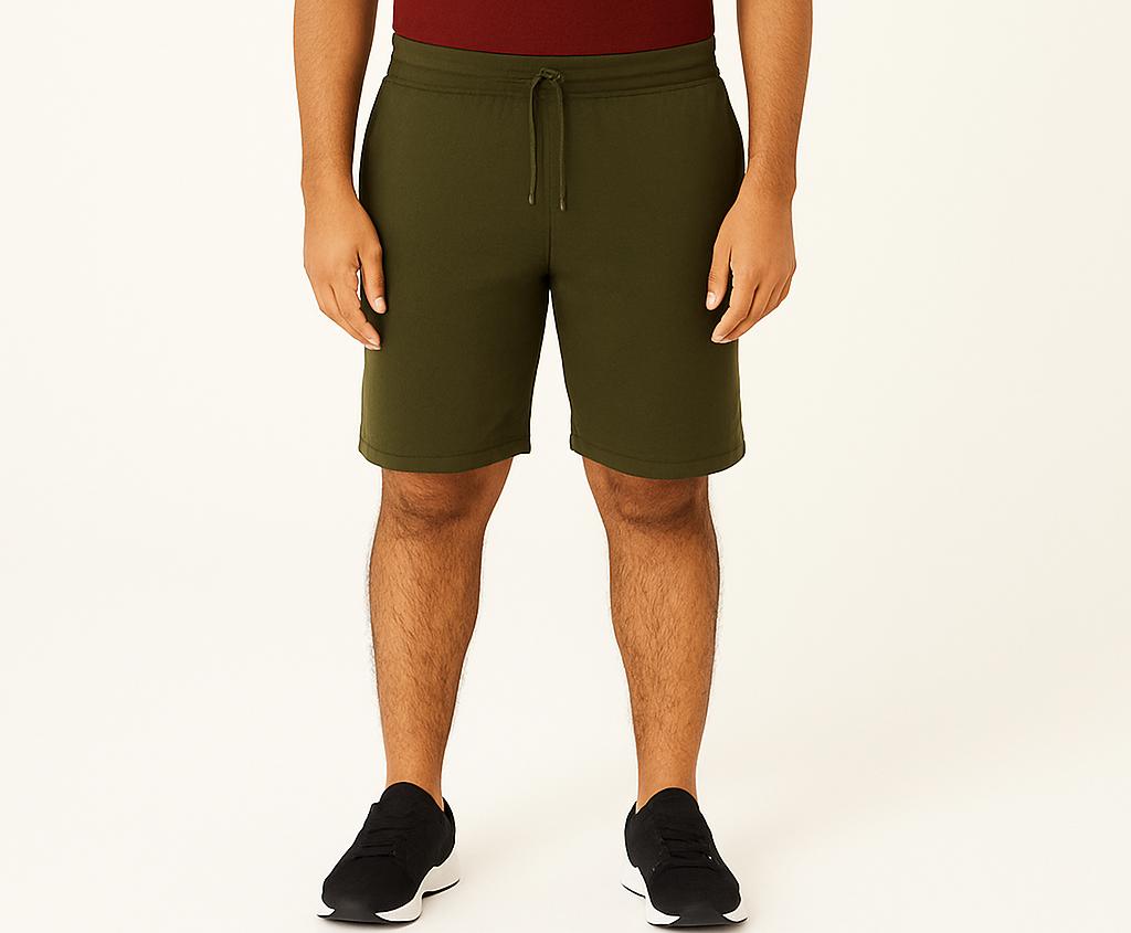 Men Olive Cotton Terry Knit Shorts with Drawcord & Pockets