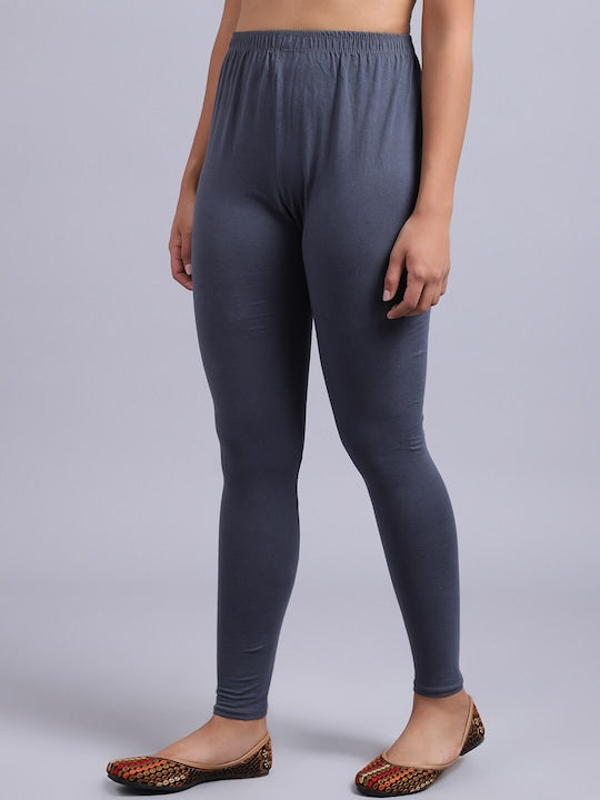 Women Solid Grey Mid-Rise Slim Fit Leggings