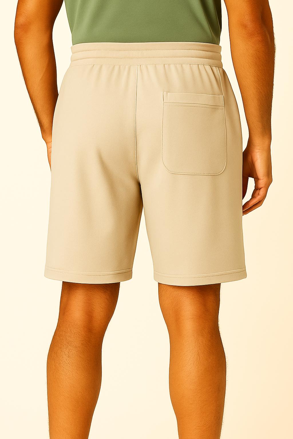 Men Beige Cotton Terry Knit Shorts with Drawcord & Pockets