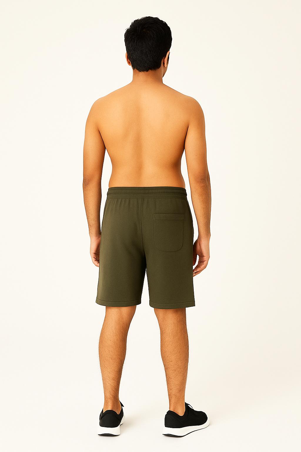Men Olive Cotton Terry Knit Shorts with Drawcord & Pockets