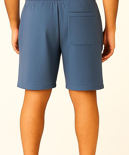 Men Blue Cotton Terry Knit Shorts with Drawcord & Pockets