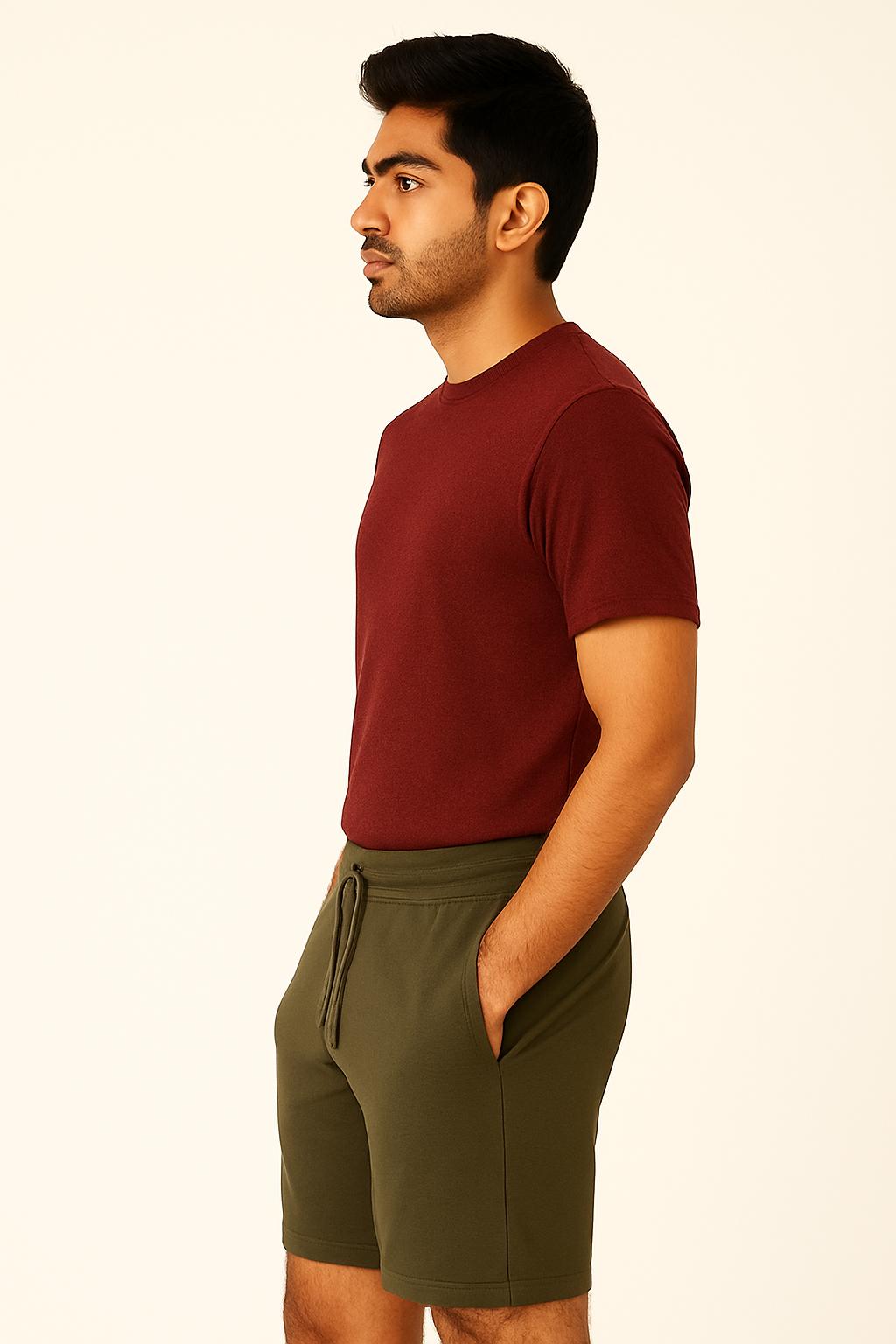 Men Olive Cotton Terry Knit Shorts with Drawcord & Pockets