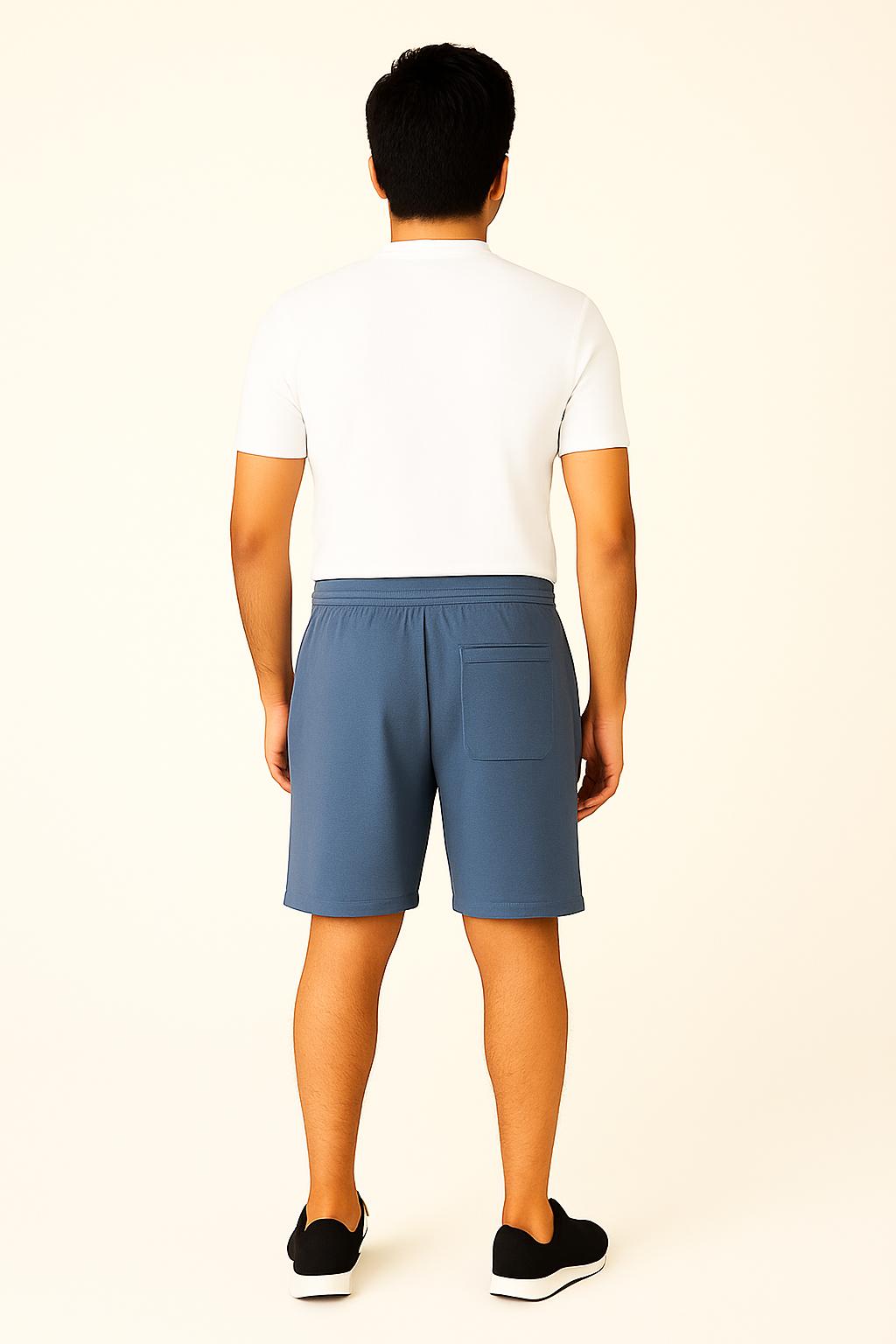 Men Blue Cotton Terry Knit Shorts with Drawcord & Pockets