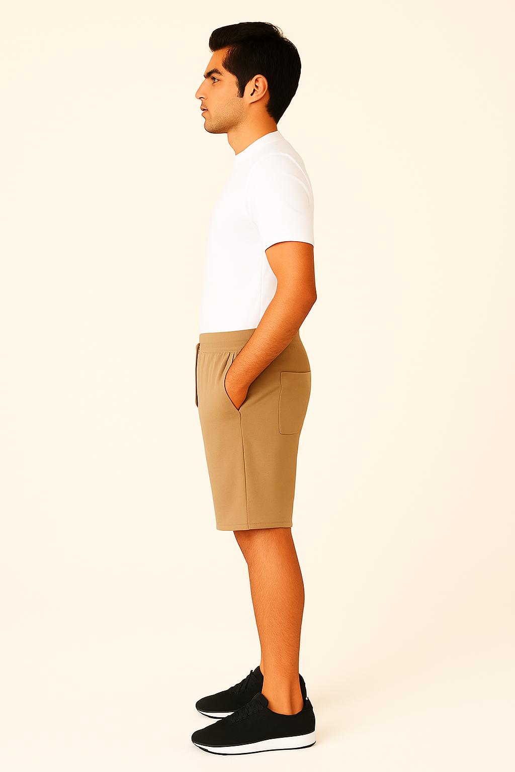 Men Camel/Tan Cotton Terry Knit Shorts with Drawcord & Pockets