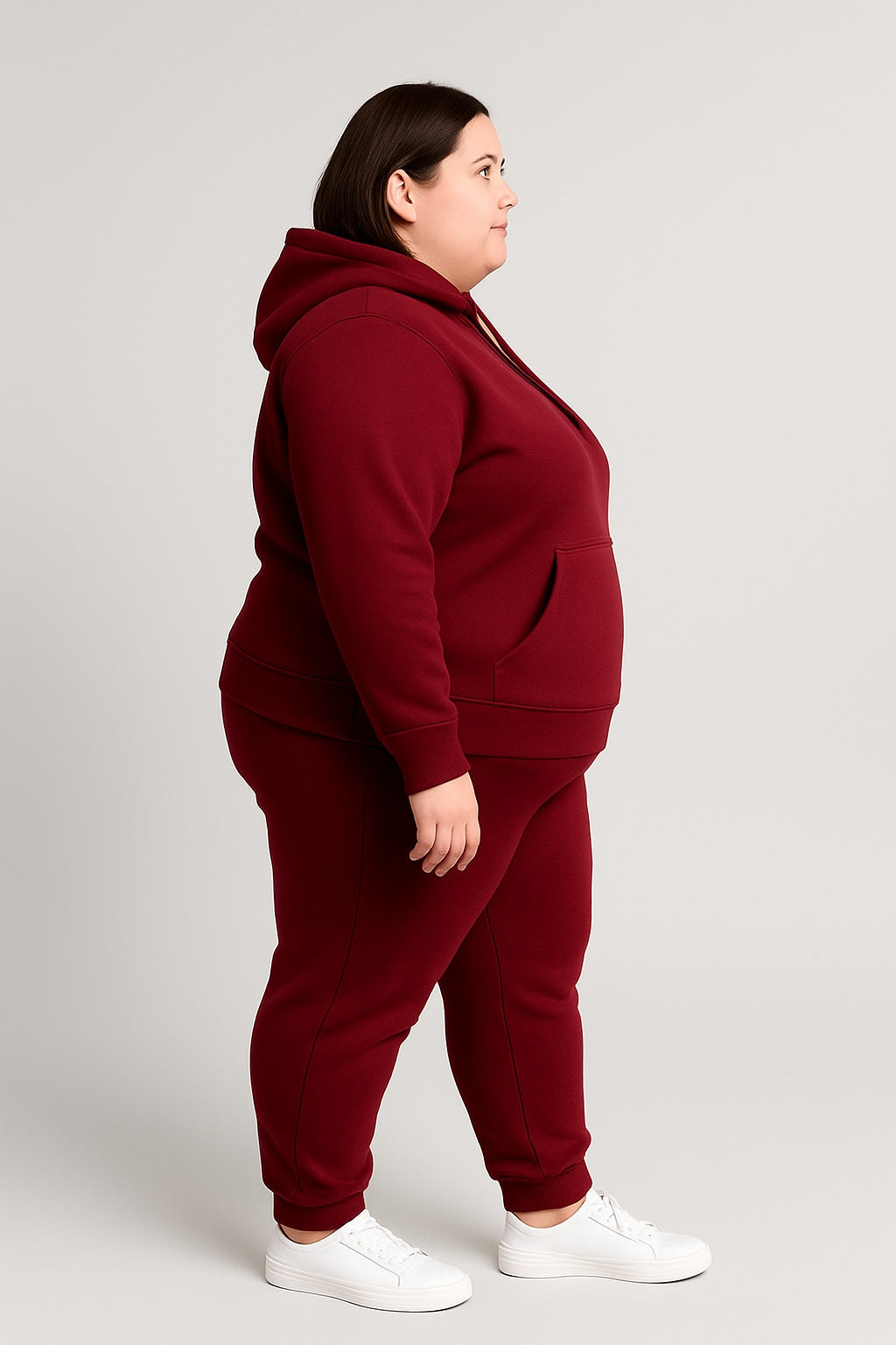 Women’s Plus-Size Hoodie Tracksuit Set – Maroon (Polyester Fleece)