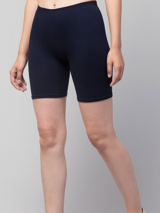 Women Solid Navy Blue Mid-Rise Gym Short Brief