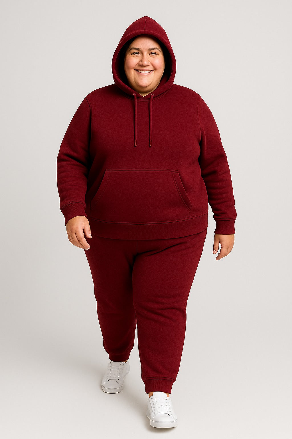 Women’s Plus-Size Hoodie Tracksuit Set – Maroon (Polyester Fleece)