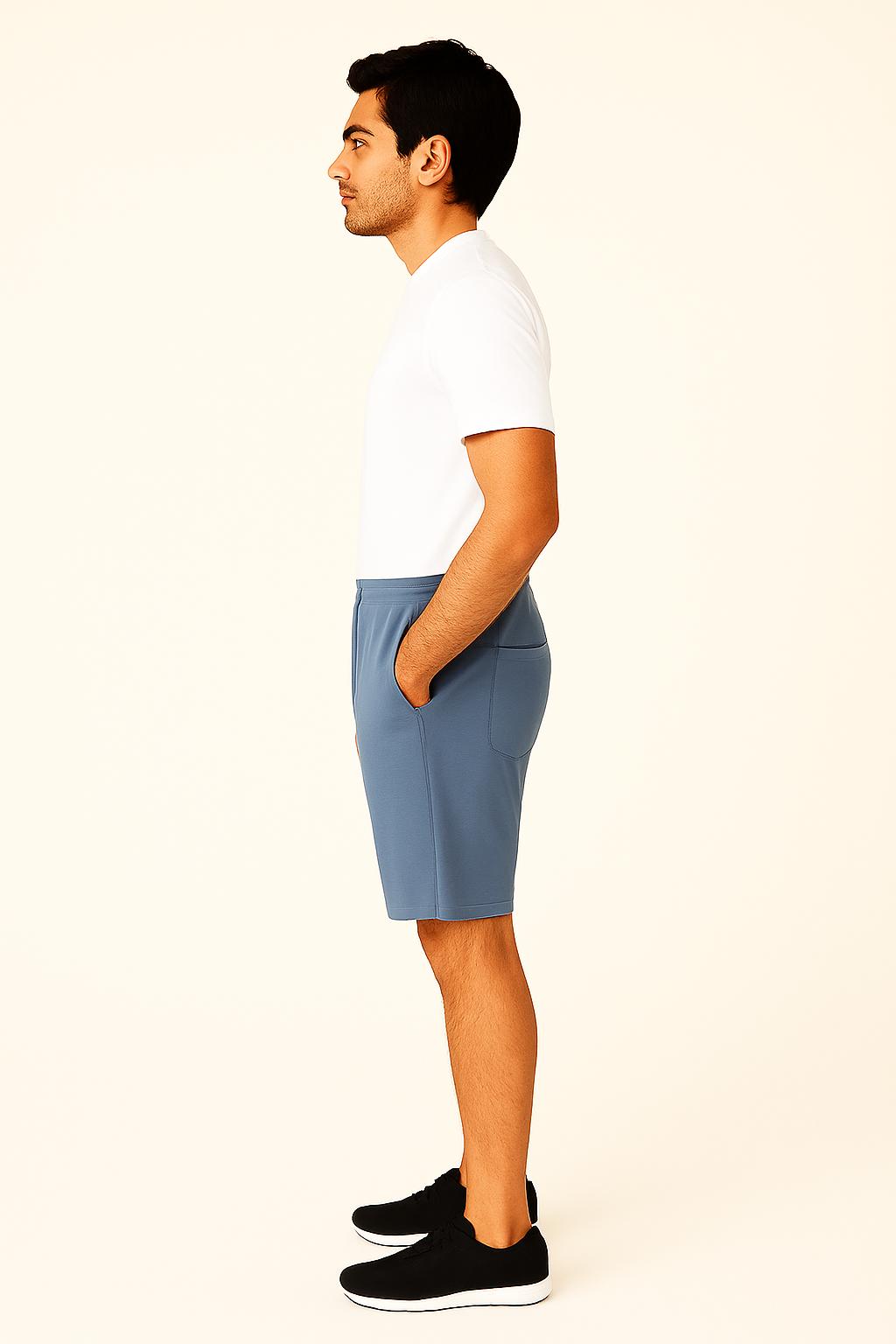 Men Blue Cotton Terry Knit Shorts with Drawcord & Pockets