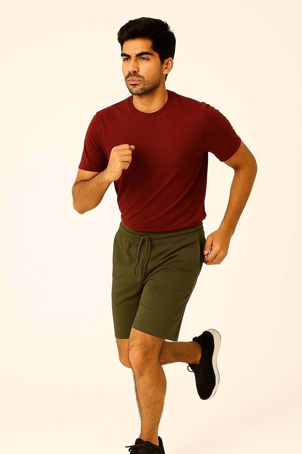 Men Olive Cotton Terry Knit Shorts with Drawcord & Pockets
