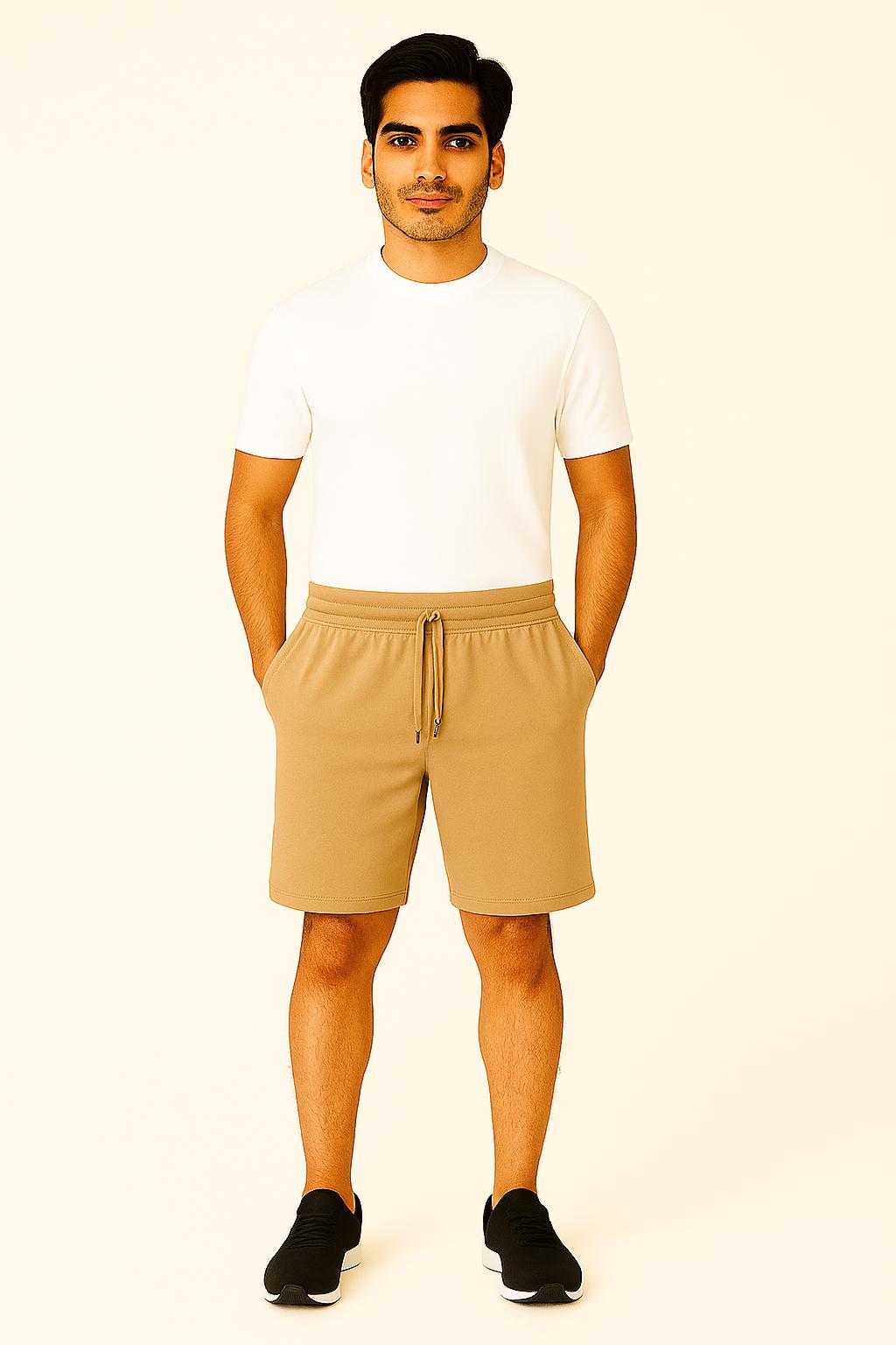 Men Camel/Tan Cotton Terry Knit Shorts with Drawcord & Pockets