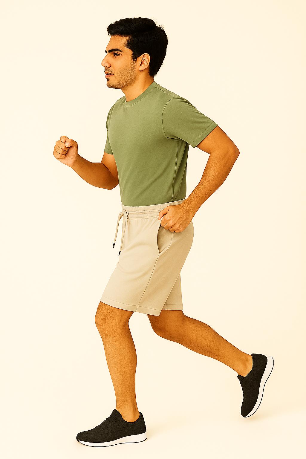 Men Beige Cotton Terry Knit Shorts with Drawcord & Pockets