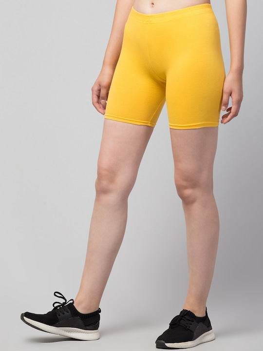 Women Solid Yellow Mid-Rise Gym Short Brief