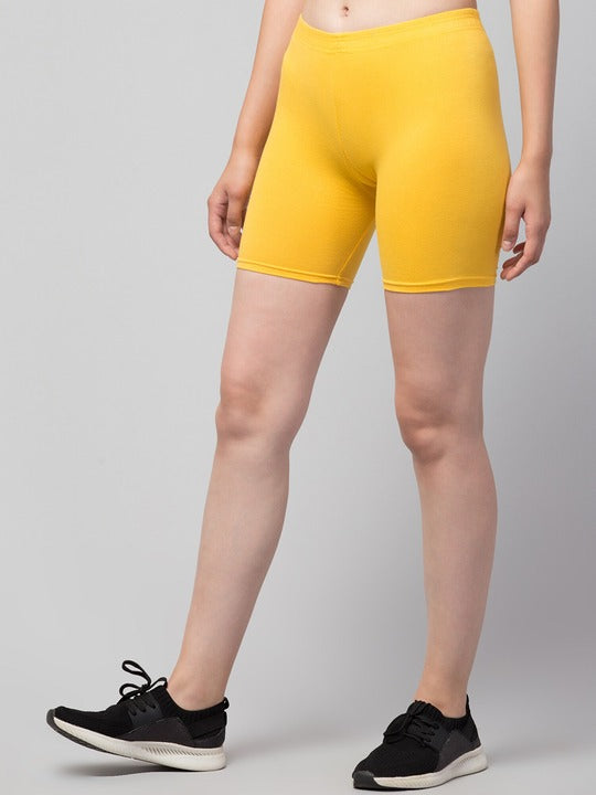 Women Solid Yellow Mid-Rise Gym Short