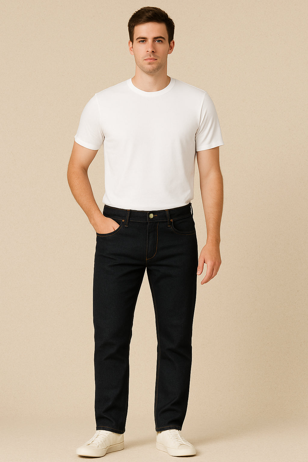 Men’s Straight-Leg Denim – Mid-Rise Stretch, Solid Dark Indigo