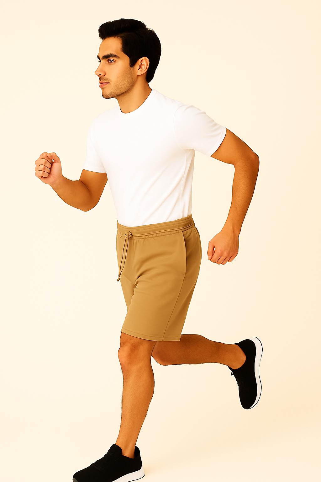 Men Camel/Tan Cotton Terry Knit Shorts with Drawcord & Pockets