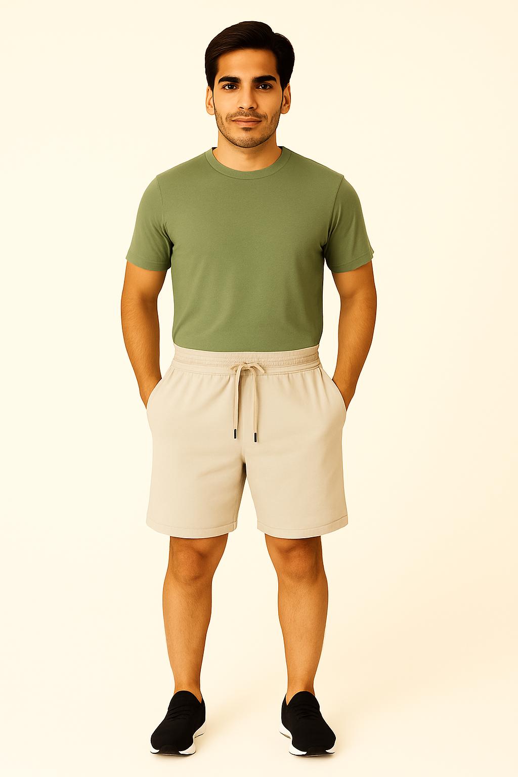 Men Beige Cotton Terry Knit Shorts with Drawcord & Pockets
