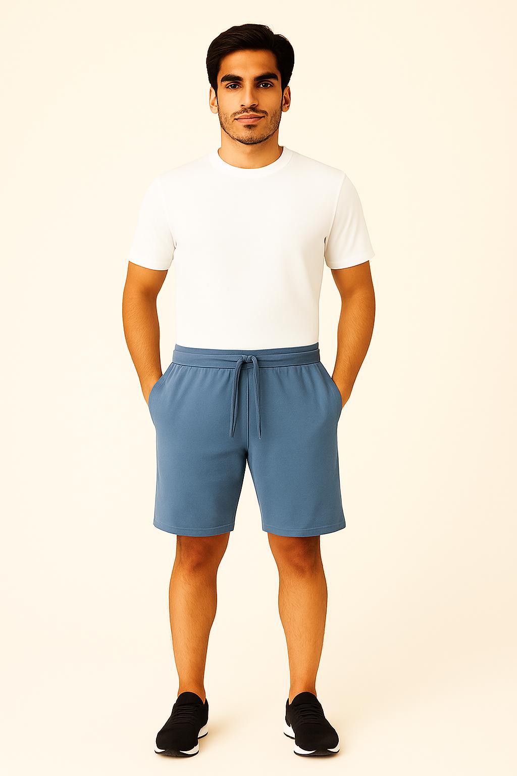 Men Blue Cotton Terry Knit Shorts with Drawcord & Pockets