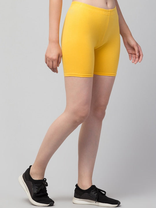 Women Solid Yellow Mid-Rise Gym Short Brief