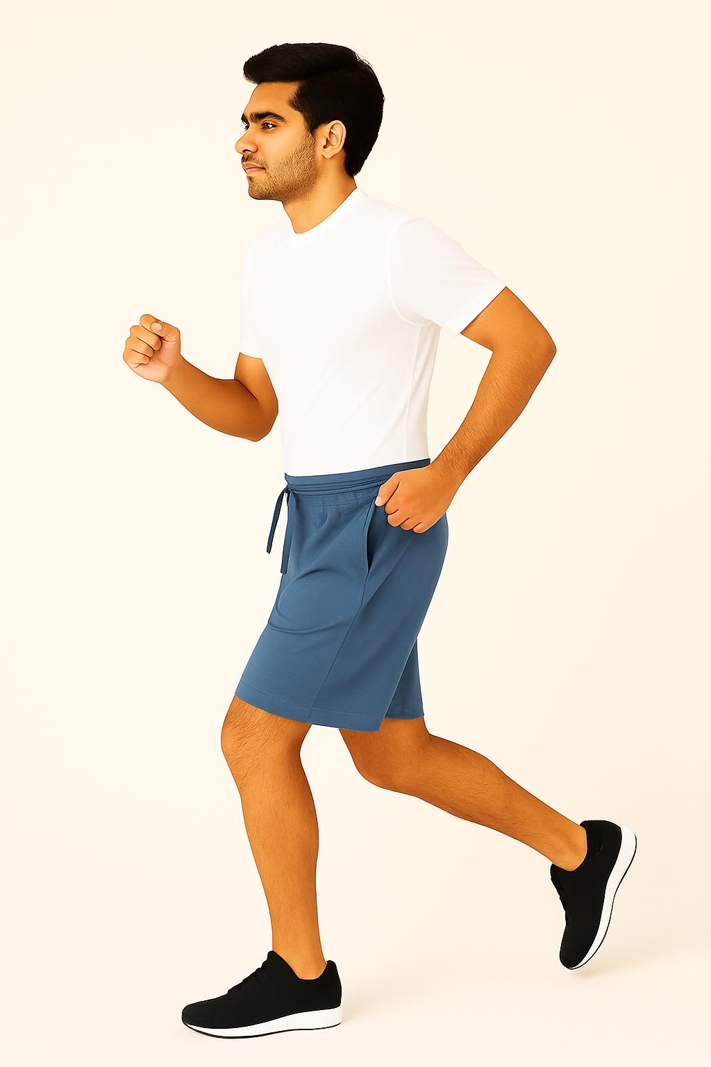 Men Blue Cotton Terry Knit Shorts with Drawcord & Pockets