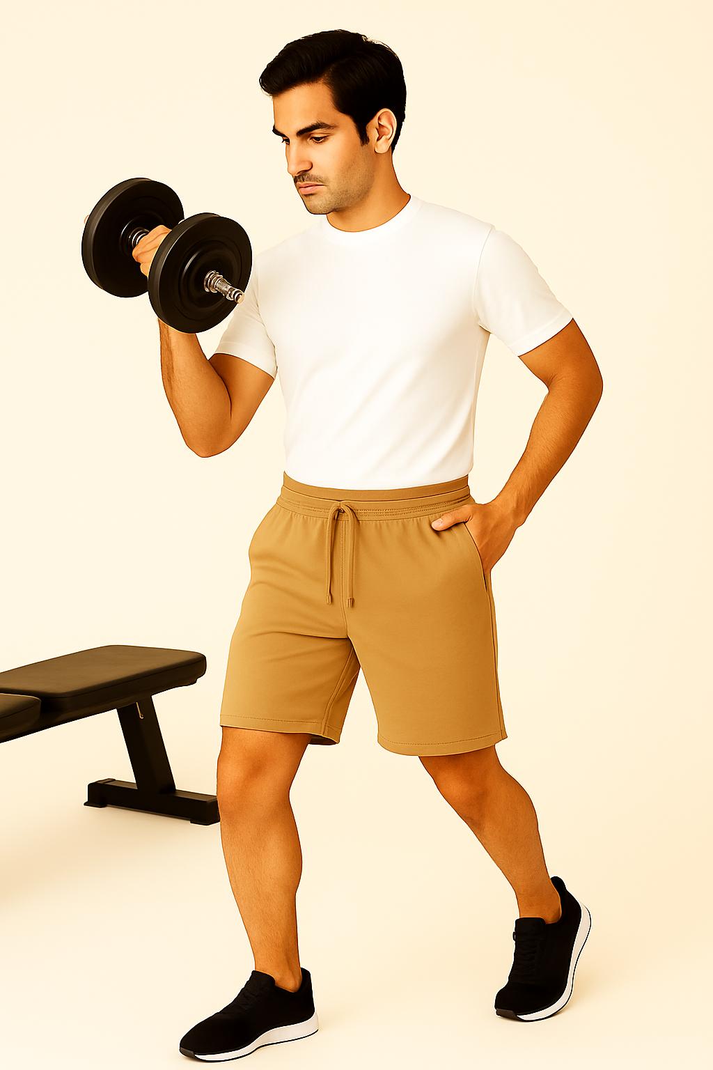 Men Camel/Tan Cotton Terry Knit Shorts with Drawcord & Pockets