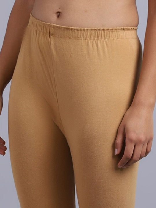 Women Solid Beige Mid-Rise Slim Fit Leggings