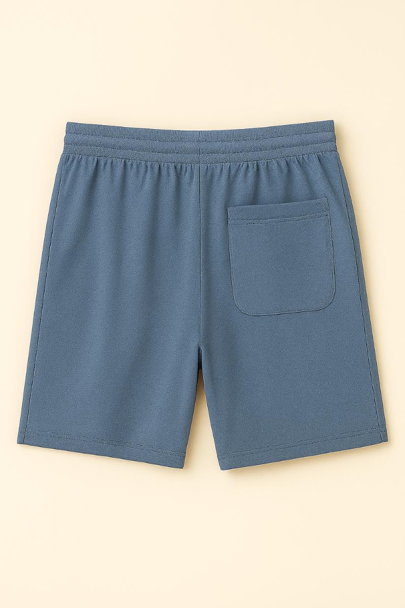 Men Blue Cotton Terry Knit Shorts with Drawcord & Pockets