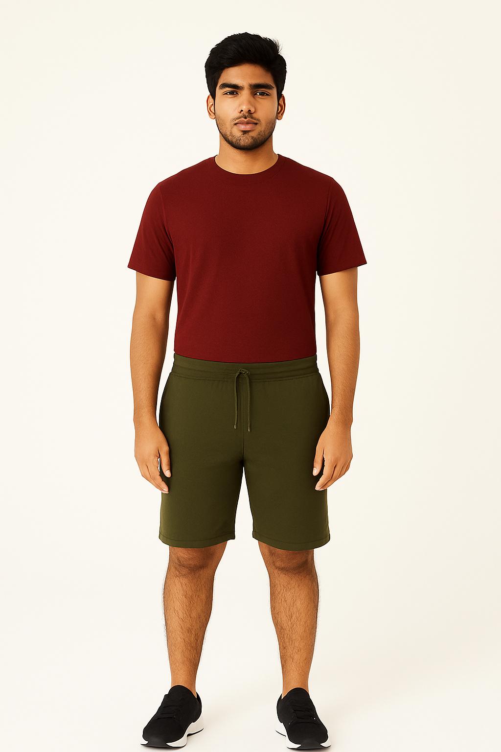 Men Olive Cotton Terry Knit Shorts with Drawcord & Pockets
