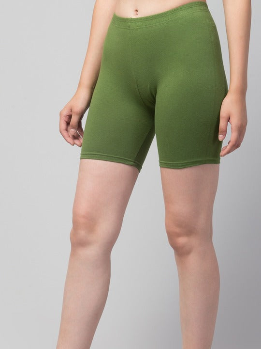 Women Solid Dark Green Mid-Rise Gym Short Brief