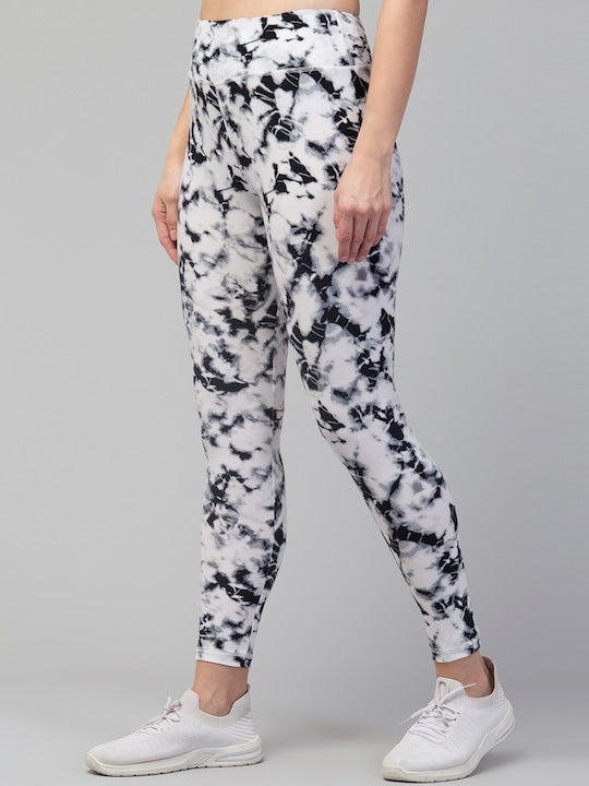 Women White & Black Printed Dry-Fit Ankle-Length Running Tights