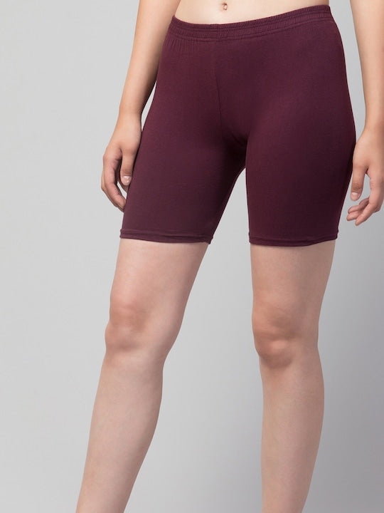 Women Solid Dark Maroon Mid-Rise Gym Short Brief