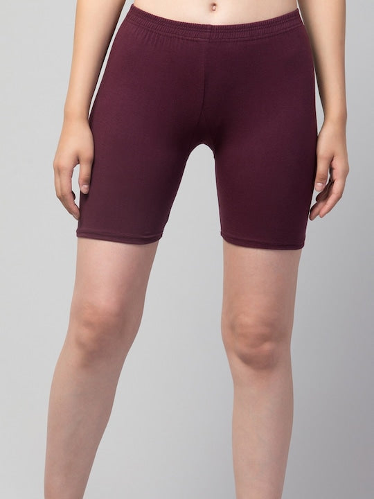 Women Solid Dark Maroon Mid-Rise Gym Short Brief