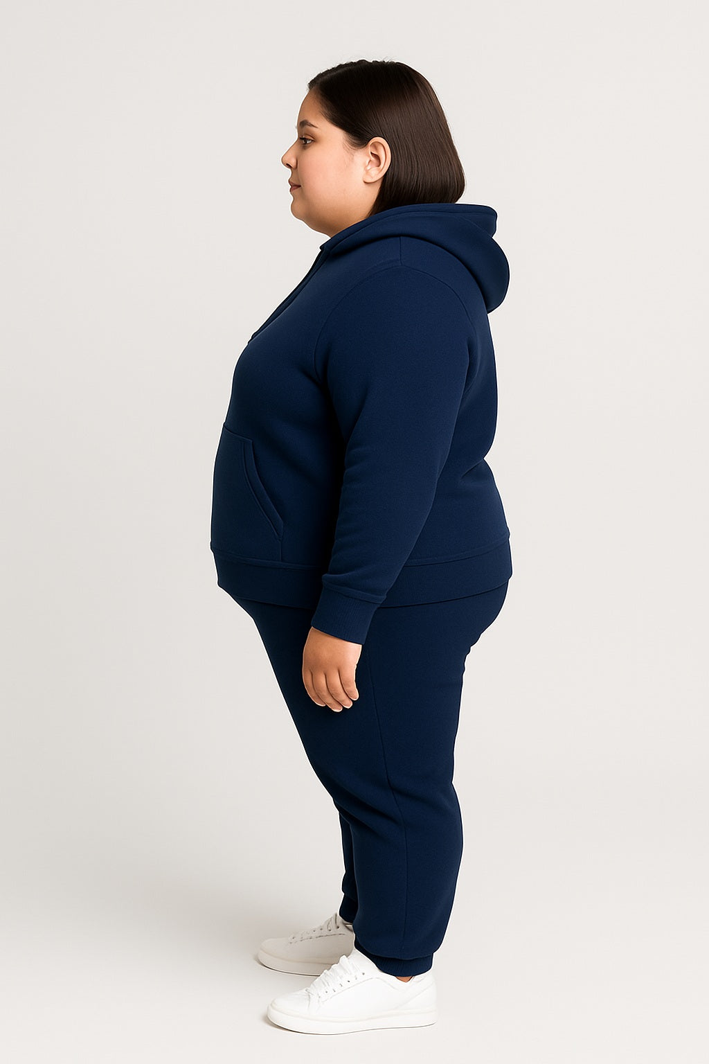Women’s Plus-Size Hoodie Tracksuit Set – Navy Blue (Polyester Fleece)