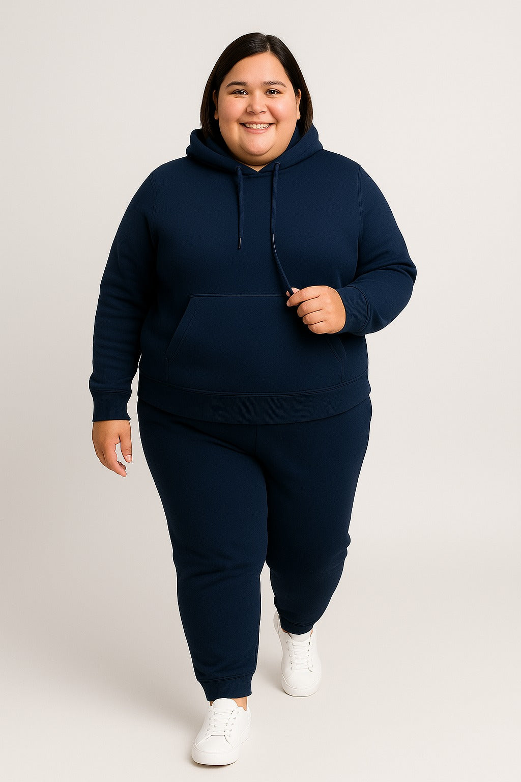 Women’s Plus-Size Hoodie Tracksuit Set – Navy Blue (Polyester Fleece)
