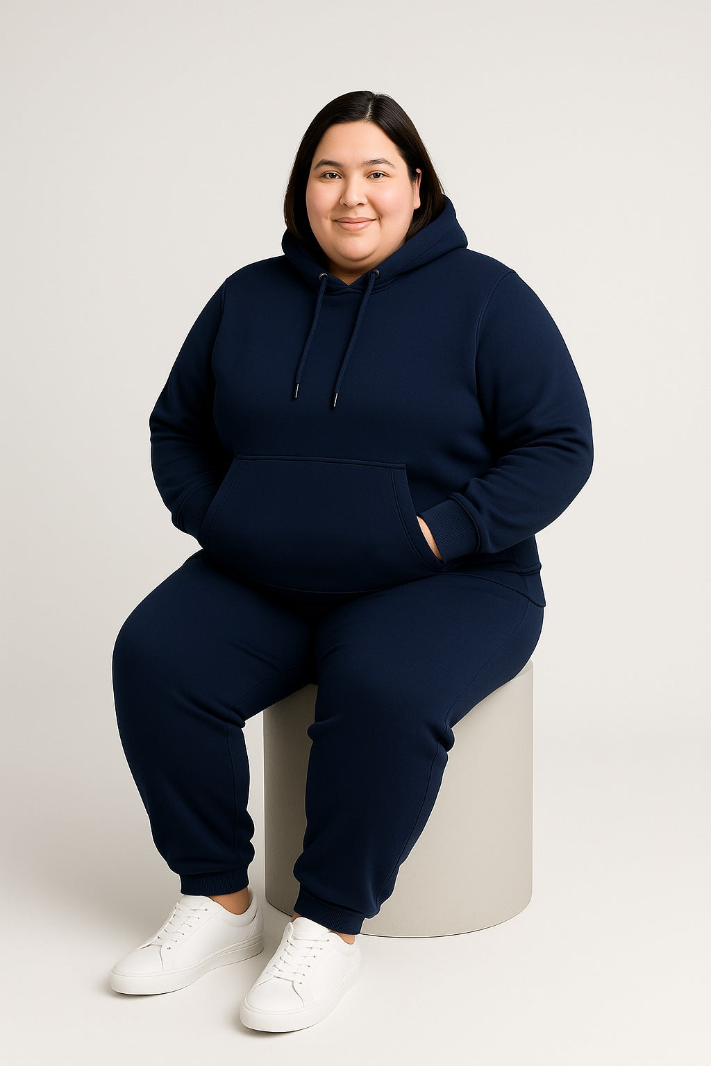 Women’s Plus-Size Hoodie Tracksuit Set – Navy Blue (Polyester Fleece)