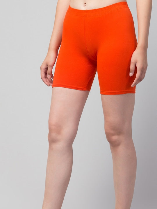 Women Solid Dark Orange Mid-Rise Gym Short Brief