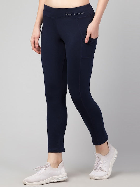 Women Solid Navy Blue Slim Fit with pockets Leggings