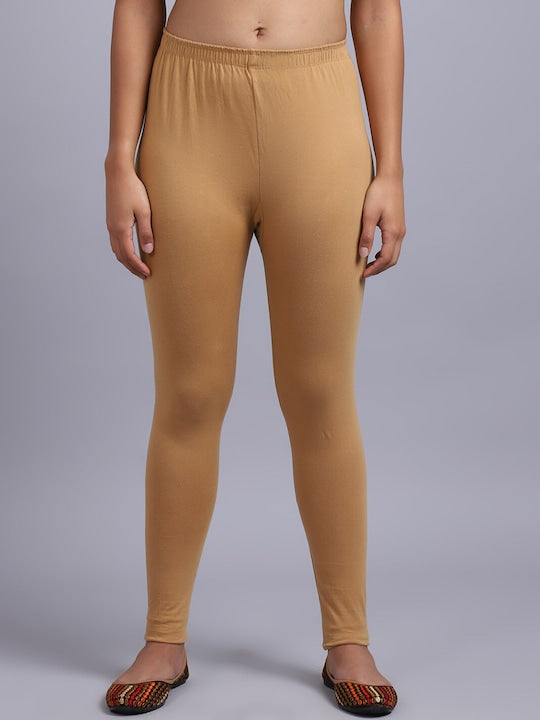 Women Solid Beige Mid-Rise Slim Fit Leggings