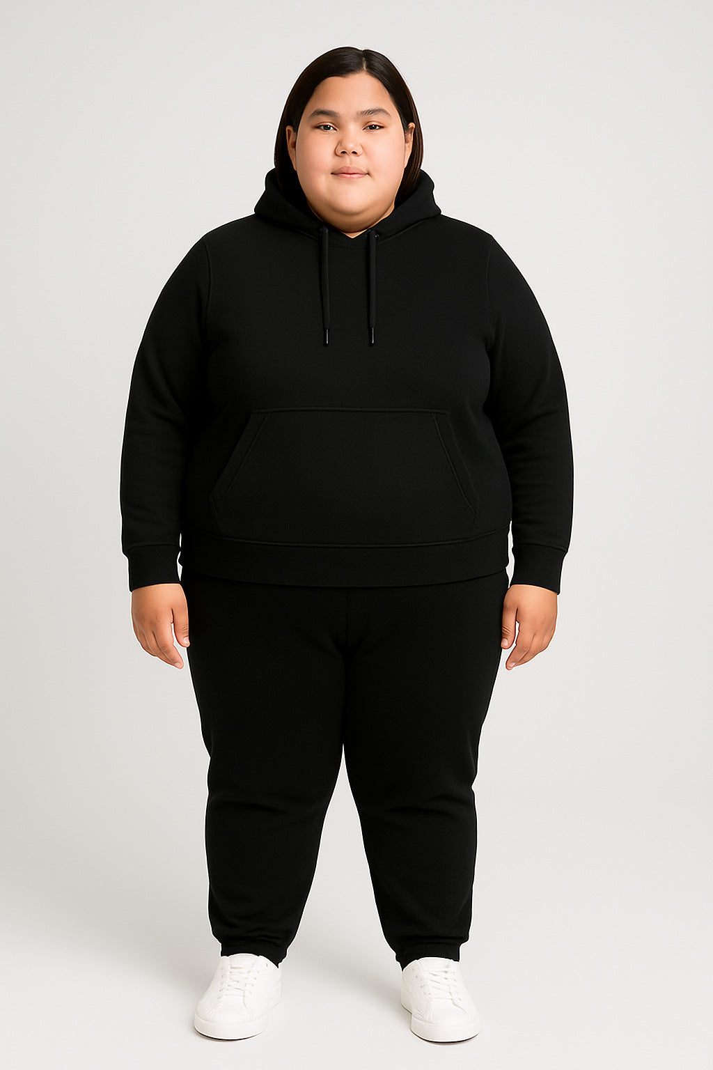 Women’s Plus-Size Hoodie Tracksuit Set – Black (Polyester Fleece)
