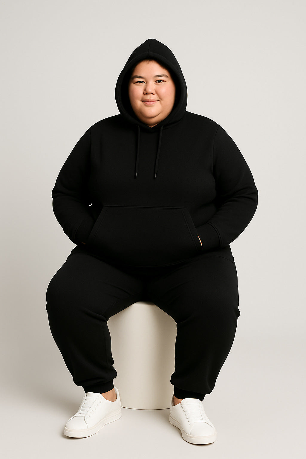 Women’s Plus-Size Hoodie Tracksuit Set – Black (Polyester Fleece)