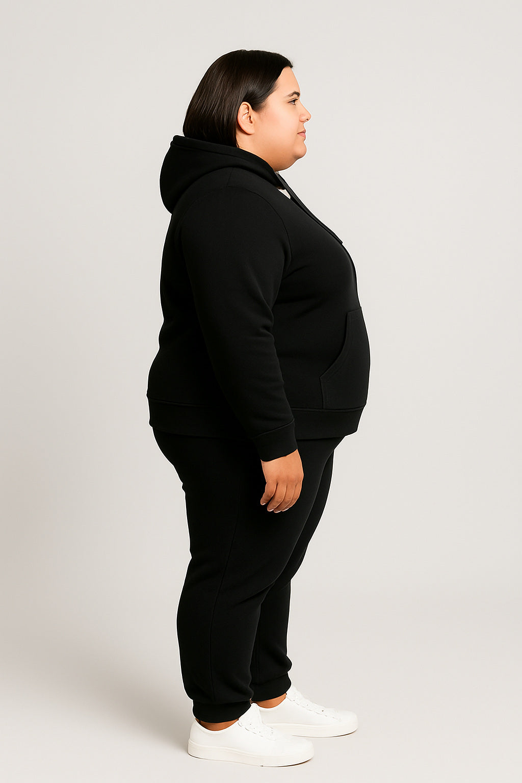 Women’s Plus-Size Hoodie Tracksuit Set – Black (Polyester Fleece)