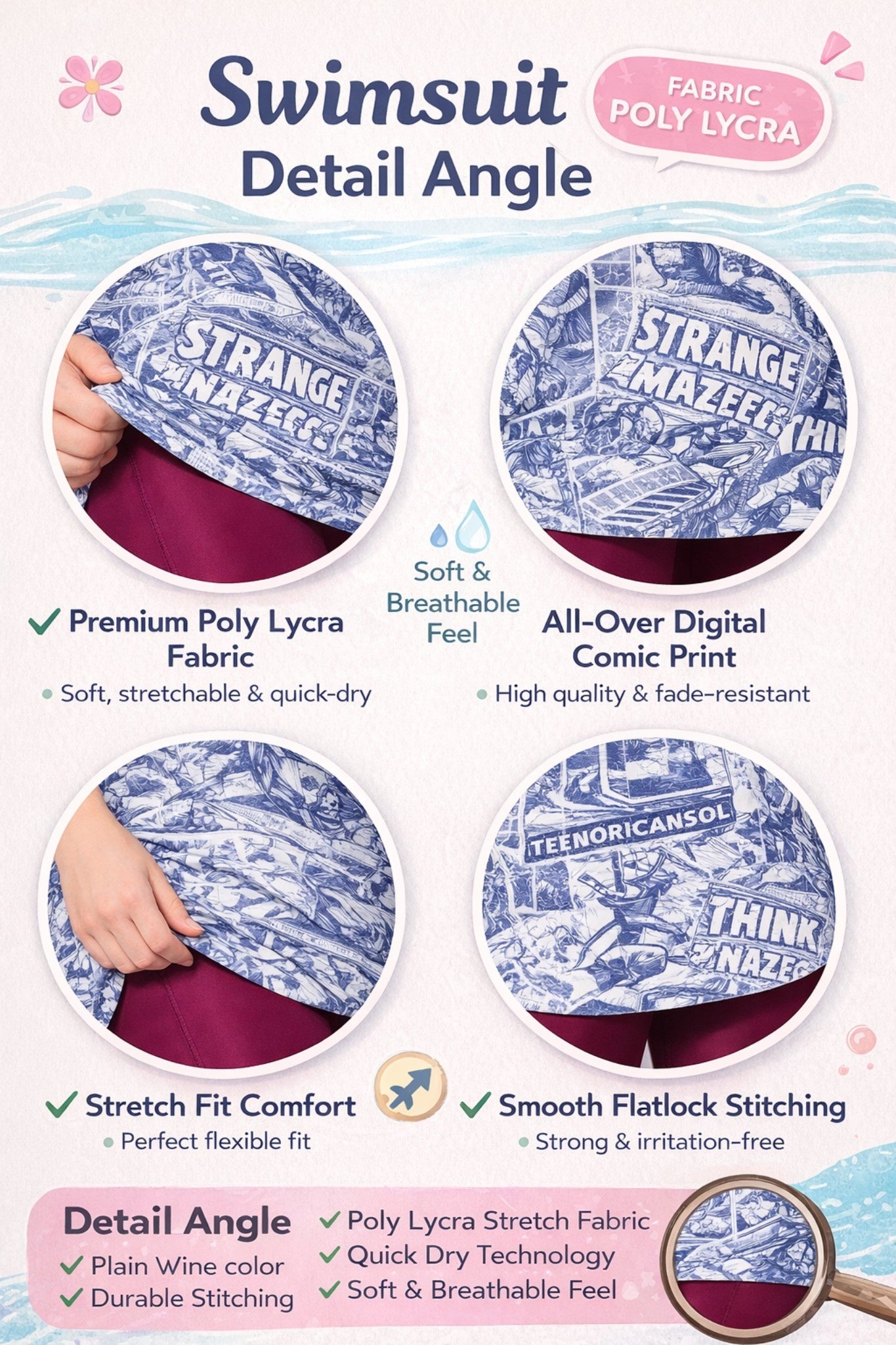 Women Navy Graphic Print Swim Top with Maroon Capri Swim Leggings Set