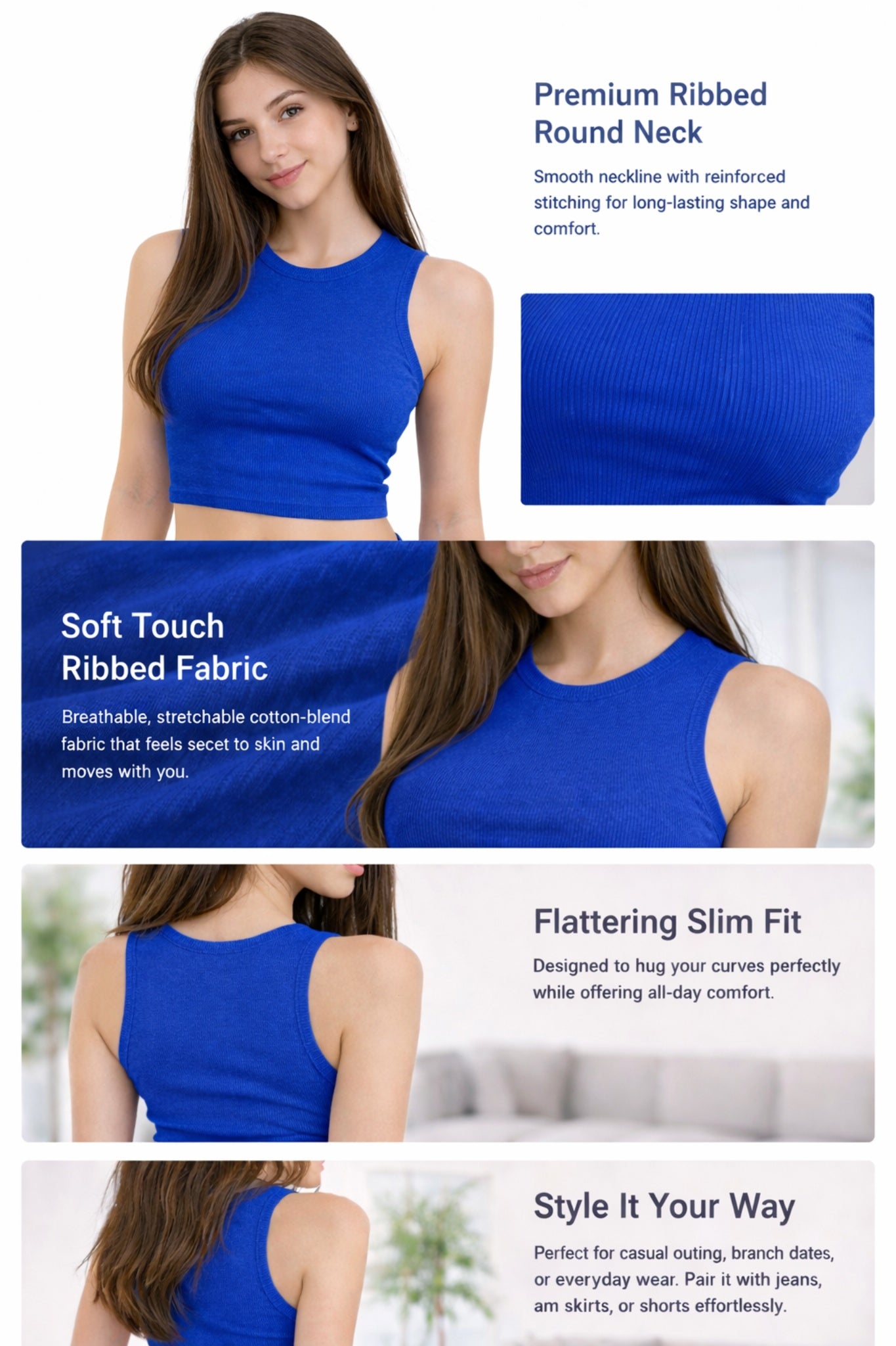 Women Solid Royal Blue Ribbed Sleeveless Stretchable Casual Crop Top