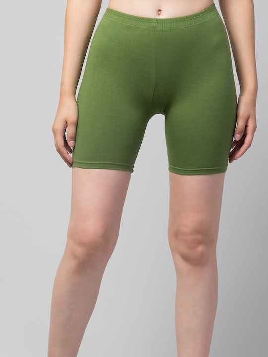 Women Solid Dark Green Mid-Rise Gym Short Brief
