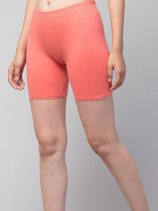 Women Solid Peach Mid-Rise Short